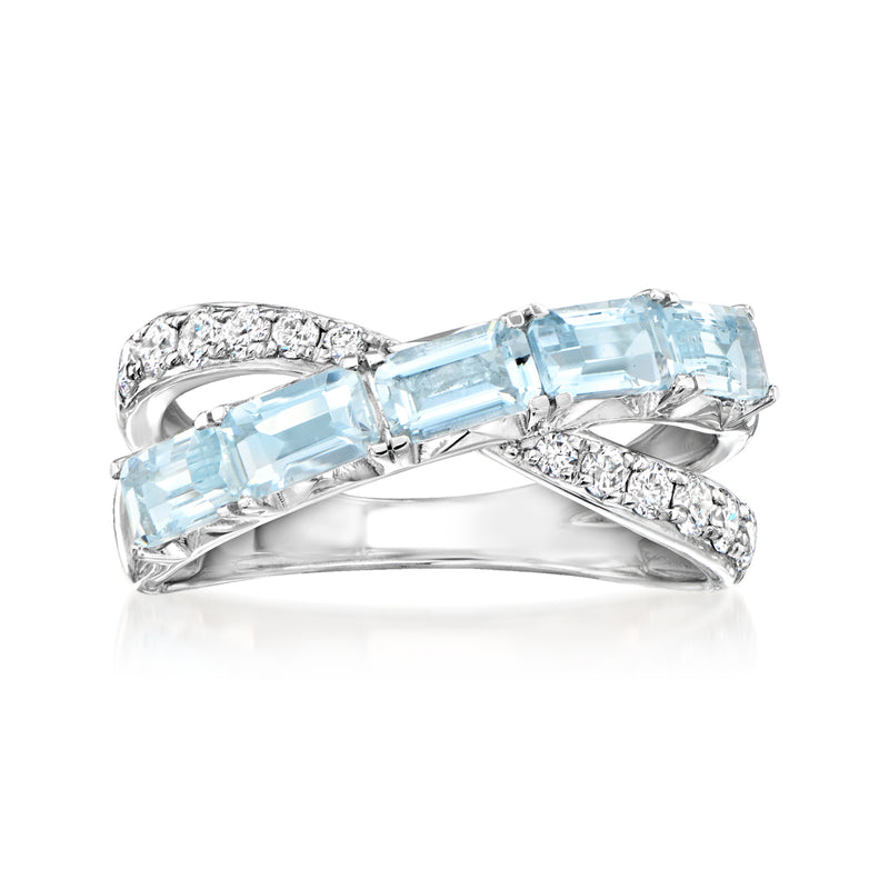 Sterling silver crisscross ring with blue aquamarine and diamond accents, lab-grown look