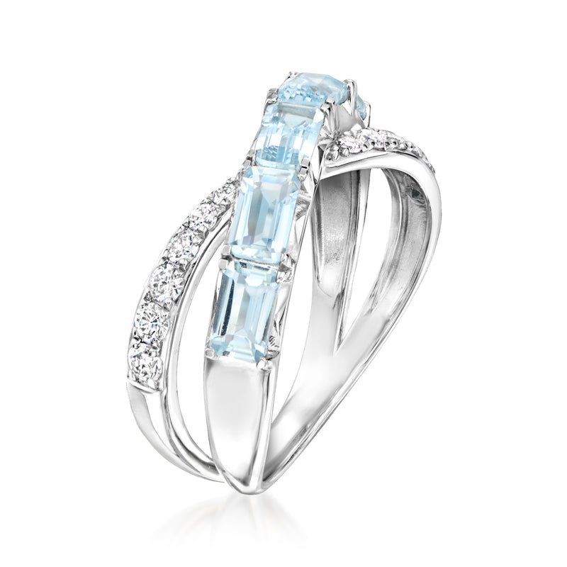 Sterling silver ring with tall blue rectangular stone and diamond side stones