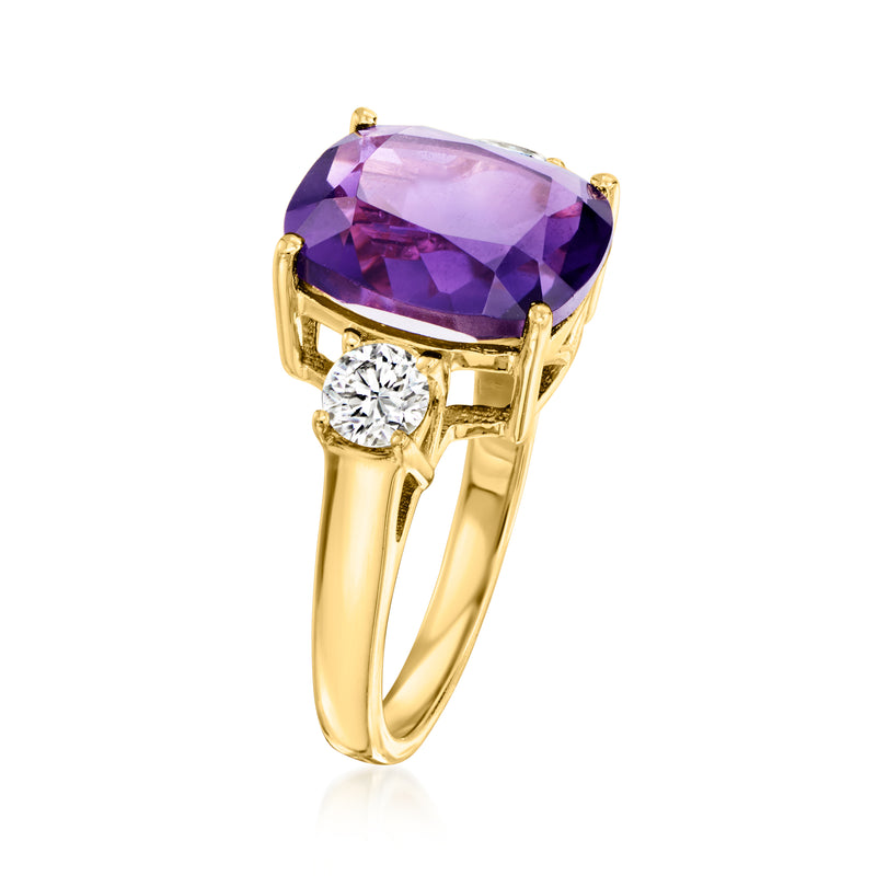 Gold amethyst ring with large purple oval center stone and round diamond side stones