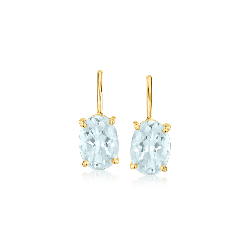 14kt yellow gold aquamarine drop leverback earrings with oval gemstone