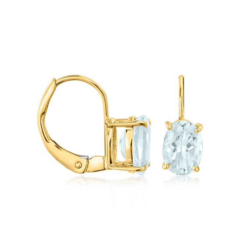 14kt yellow gold aquamarine drop leverback earrings, side view of oval stones