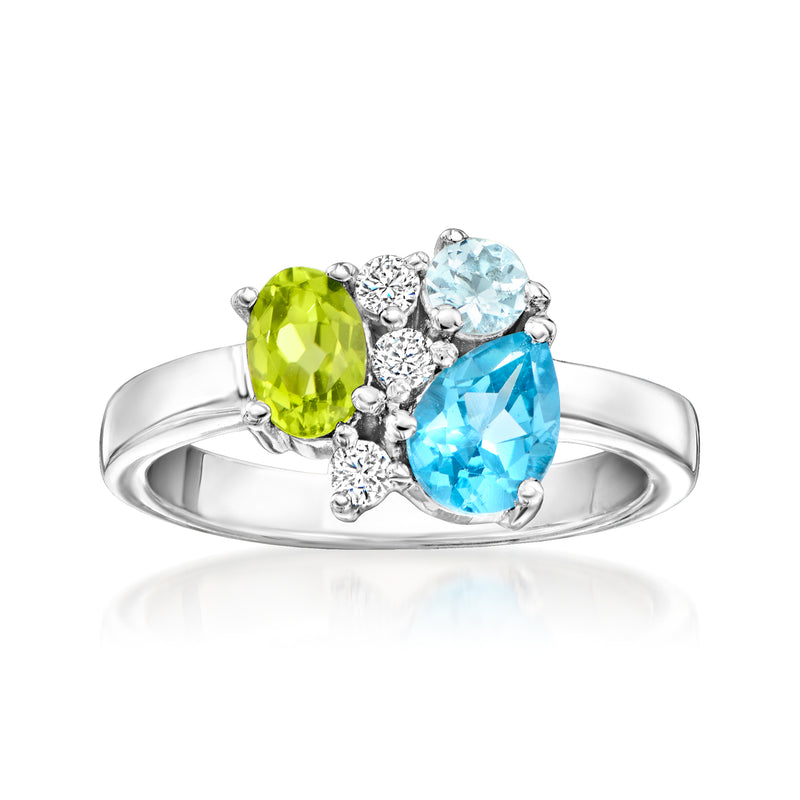 Sterling silver multi-gem ring with green peridot, blue aquamarine, and lab-grown diamonds.