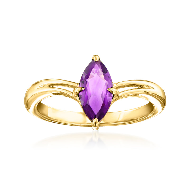 Curved gold over sterling ring with marquise amethyst gemstone, open marquise setting