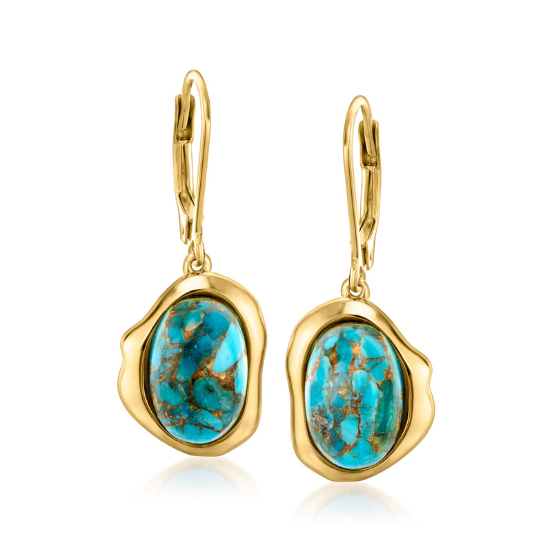 Turquoise teardrop drop earrings, gold leverback frames with blue-green stone cabochon