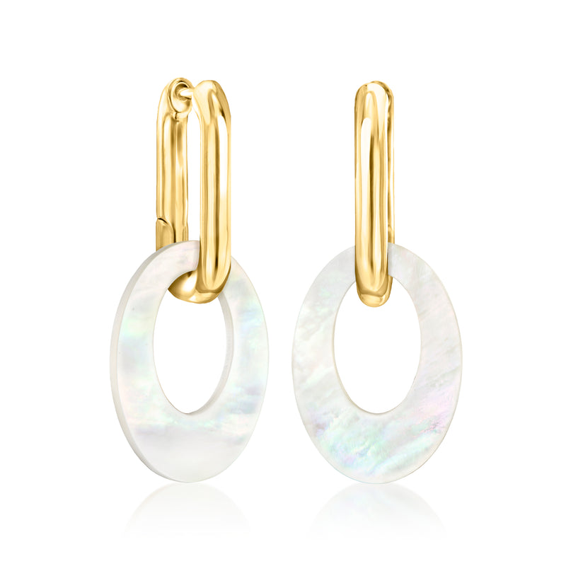 Gold hoop earrings with oval mother-of-pearl drop