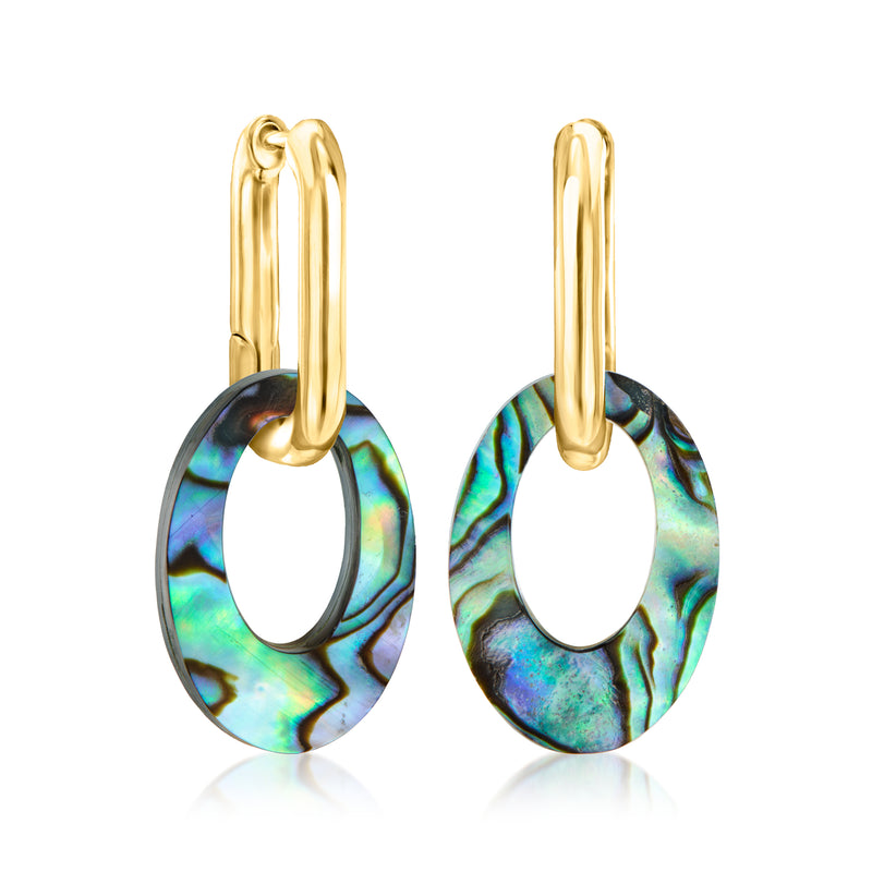 Gold over sterling hoop earrings with oval abalone shell drops, dangling front view