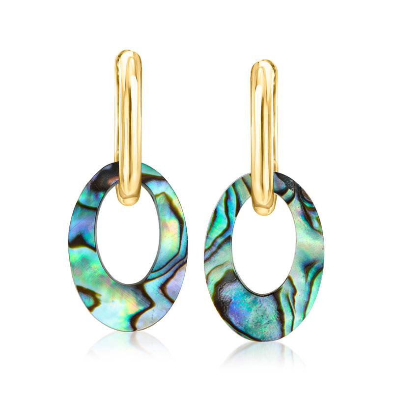 Gold over sterling hoop earrings with oval abalone shell drops, angled view pair