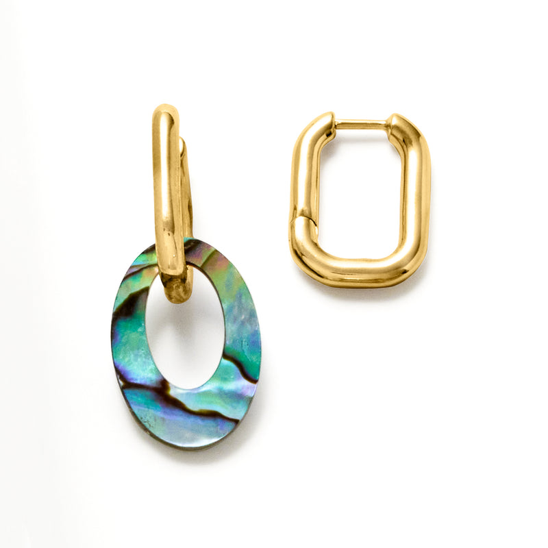Gold over sterling square hoop earrings with removable oval abalone shell drop