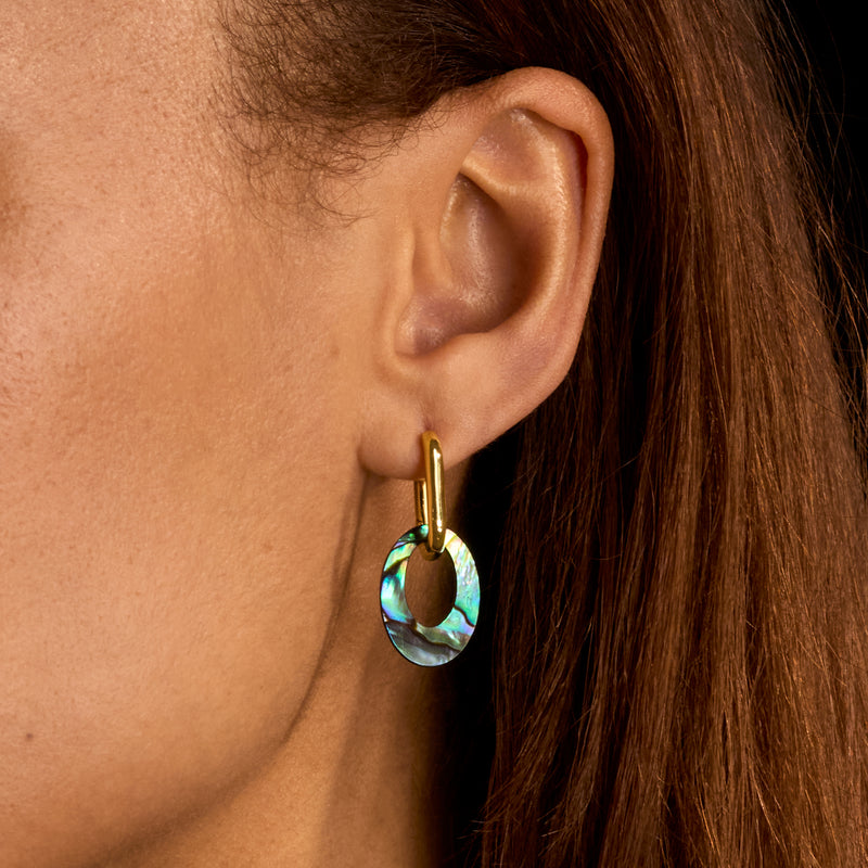 Gold over sterling hoop earrings with oval abalone shell drops, close-up side view