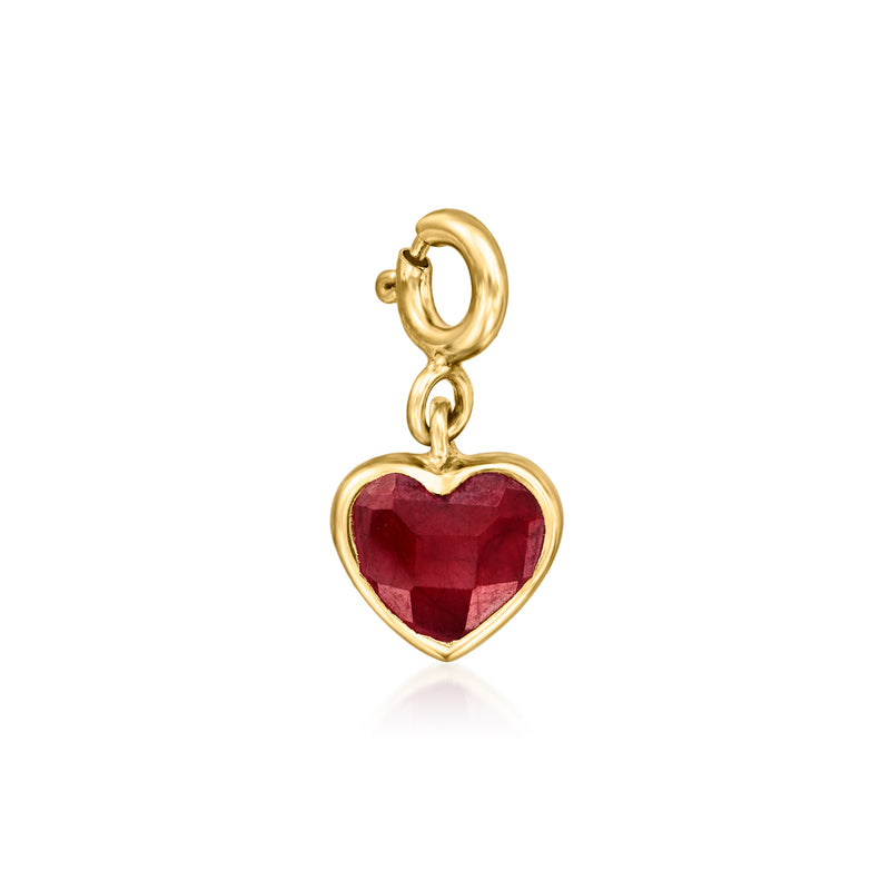 Gold heart charm with faceted ruby-red gem, linked bail and small clasp