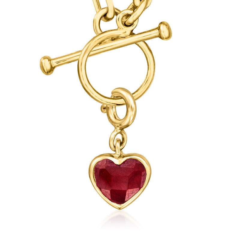 Gold heart charm with deep red faceted gemstone, open loop link