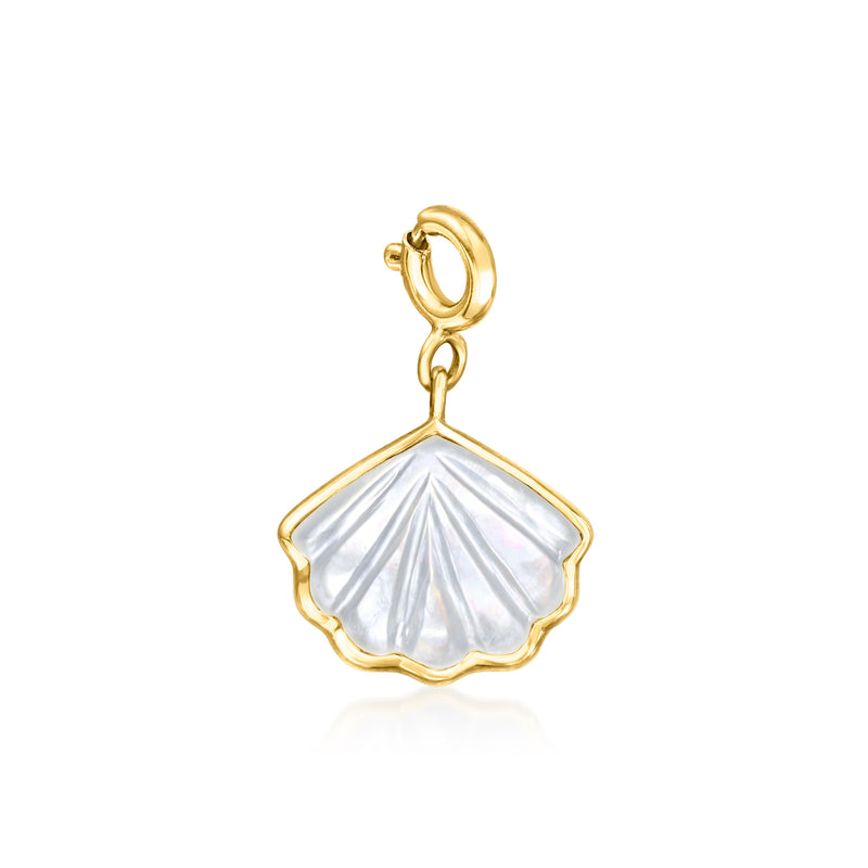 Gold over sterling shell charm with mother-of-pearl drop and scalloped edge