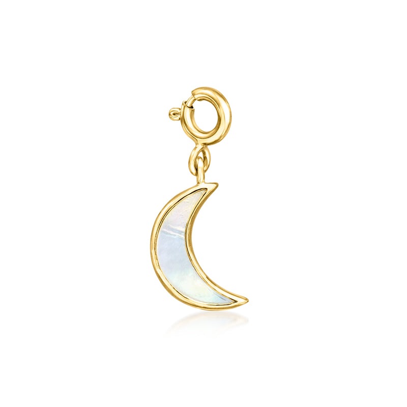 18kt gold over sterling moon charm with mother-of-pearl inlay, hanging loop