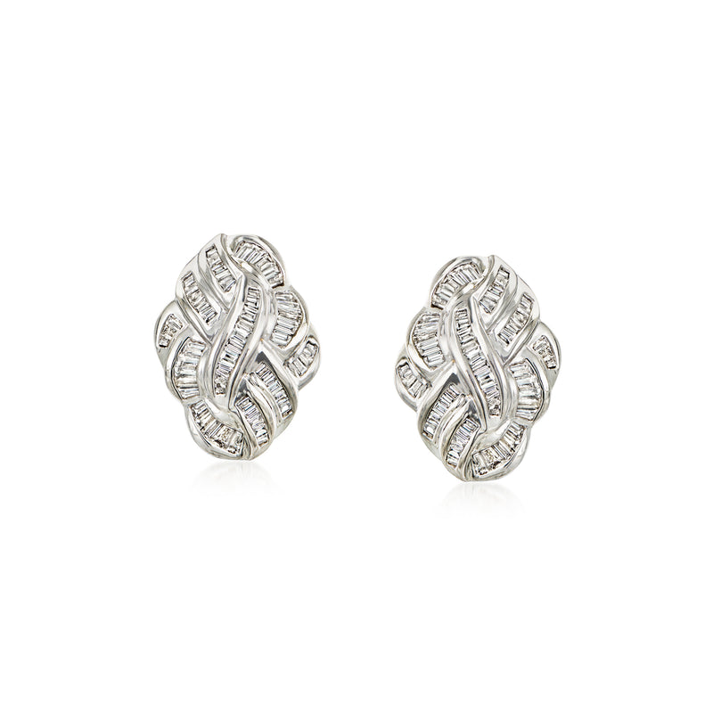 18kt white gold baguette diamond knot stud earrings, round cluster setting