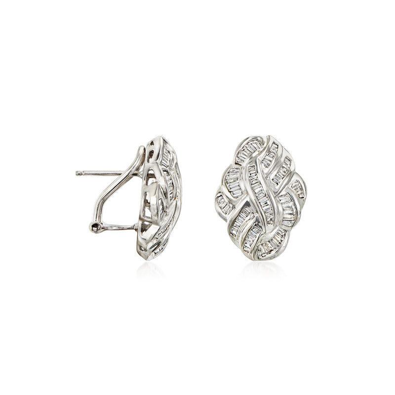 18kt white gold baguette diamond knot stud earrings with post backing, side view