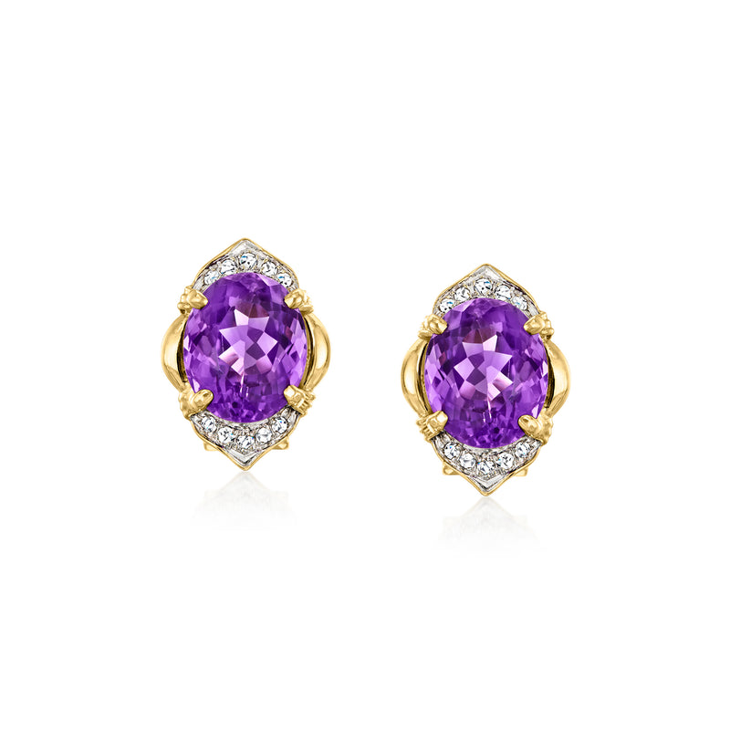 14kt yellow gold amethyst and diamond halo earrings with faceted purple stones