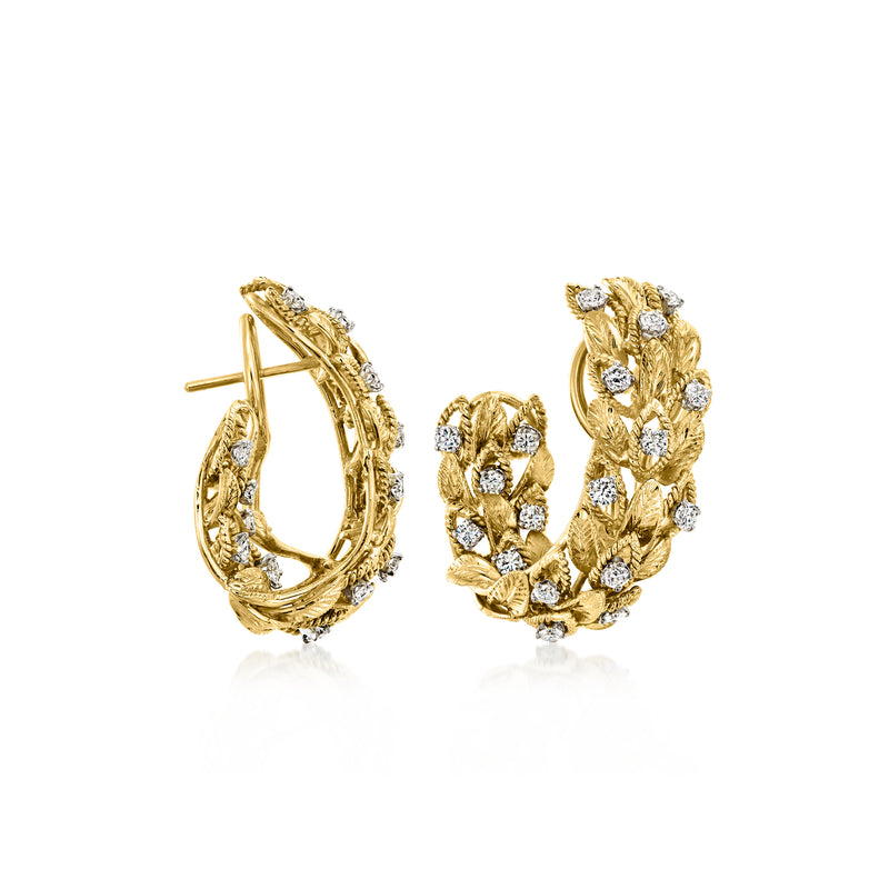 14kt yellow gold diamond leaf J-hoop earrings with post back