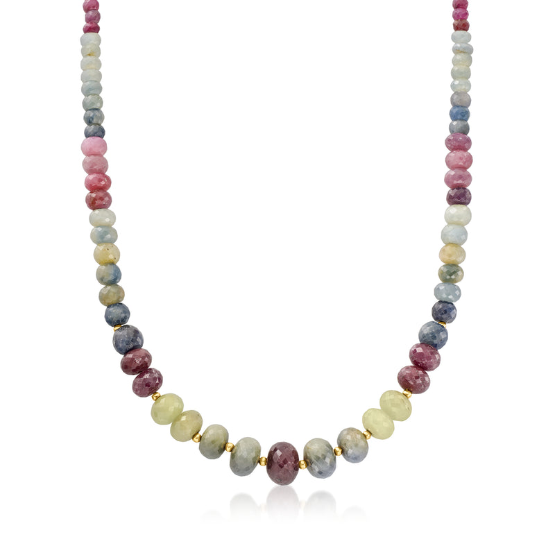 Multicolored sapphire bead necklace with graduated round stones on a yellow gold chain