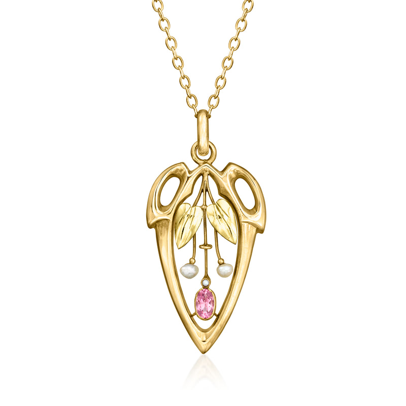 14kt yellow gold pendant necklace with pink tourmaline flower and cultured pearls