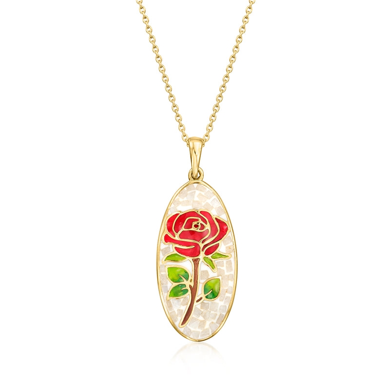 Gold oval pendant necklace with multicolored enamel rose and moonstone inlay