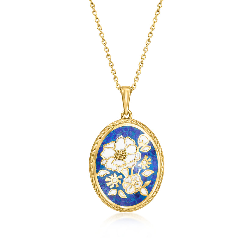 Oval blue enamel flower pendant necklace with multicolor blooms on gold chain, gold bezel