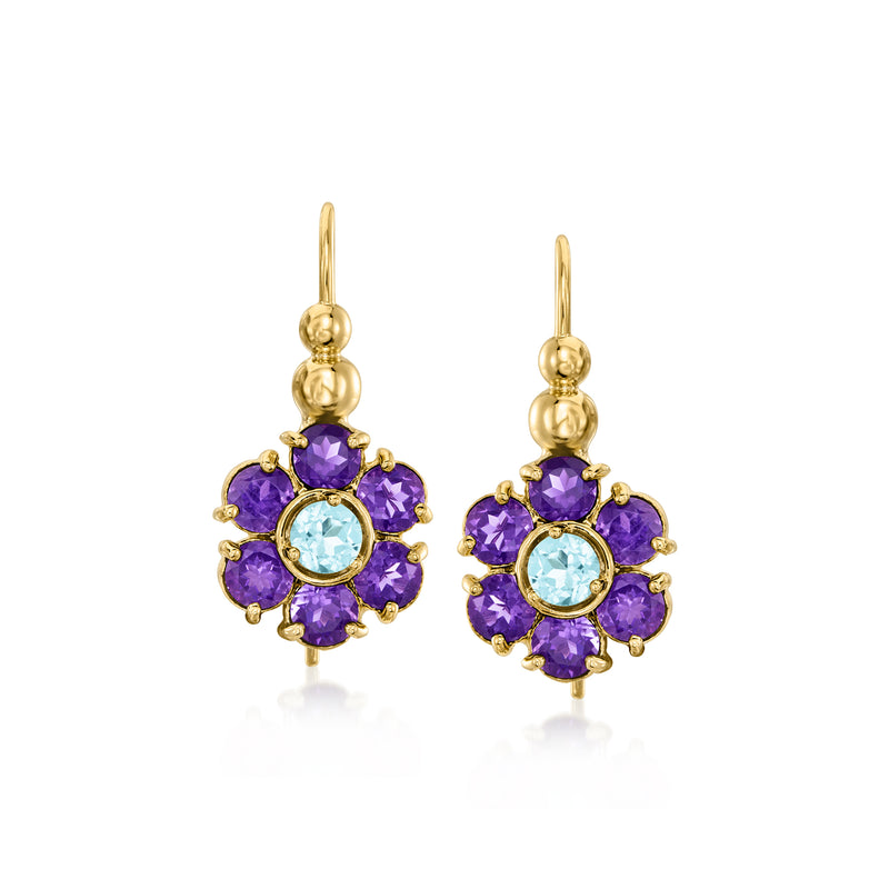 14kt yellow gold flower drop earrings with purple amethyst and sky-blue topaz