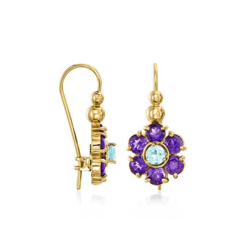 14kt yellow gold earwire flower drop earrings with purple amethyst and sky-blue topaz