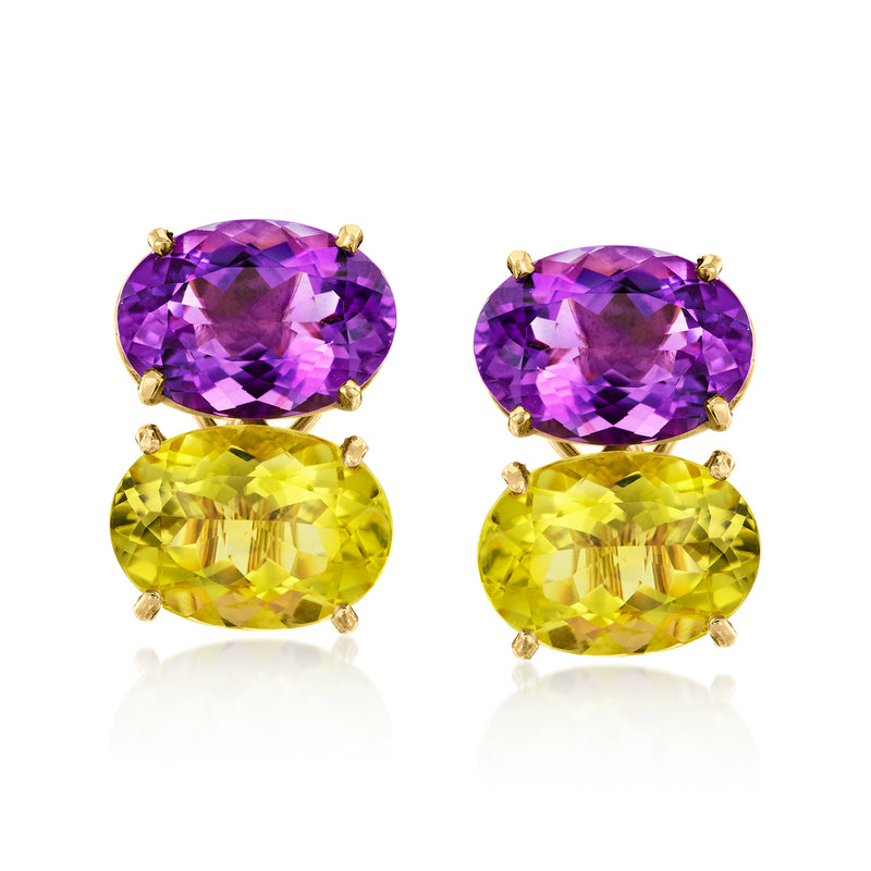 14kt yellow gold stud earrings with oval amethyst and lime quartz stones