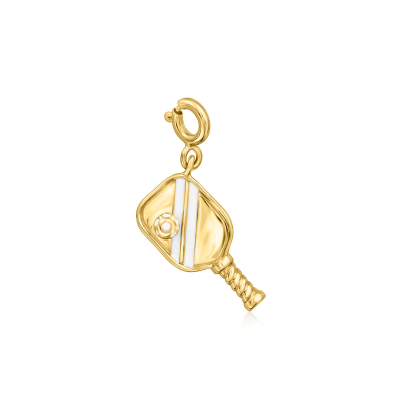 Gold-tone pickleball paddle charm with white enamel inlay and loop bail