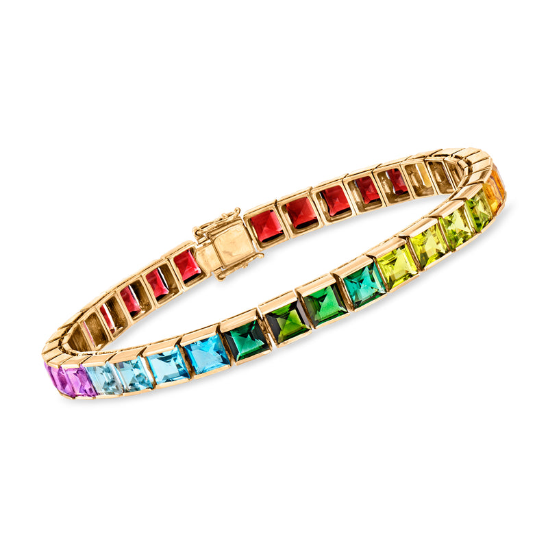 14kt yellow gold tennis bracelet with bezel-set multicolor square gemstones