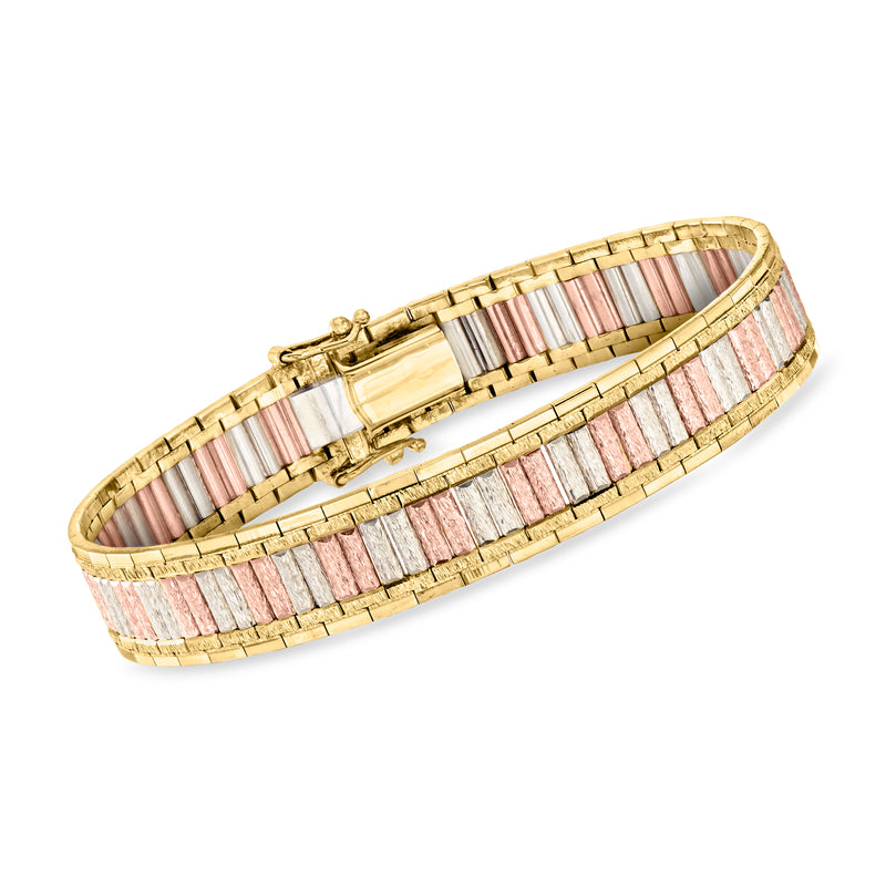 Vintage tri-colored gold bracelet with rectangular striped inlay and hinged clasp