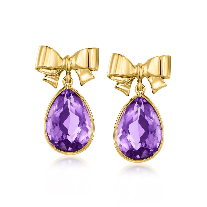 Amethyst bow drop earrings in polished 18kt yellow gold, purple teardrop stones