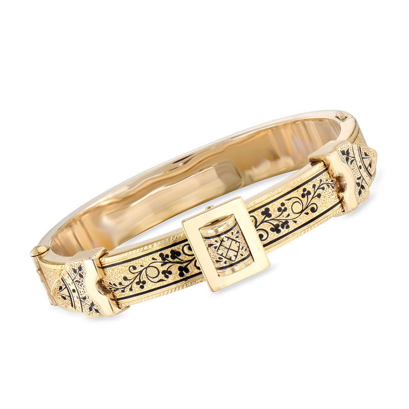 14kt yellow gold bangle with black enamel buckle and engraved detailing