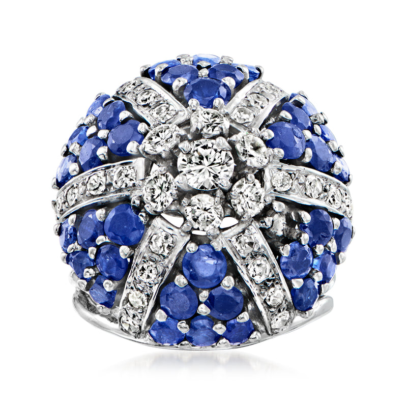 14kt white gold sapphire and diamond cluster ring with round blue stones and bright halos