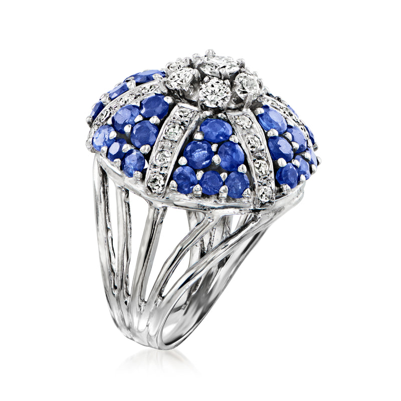 14kt white gold sapphire and diamond cluster ring, angled side view with prong setting
