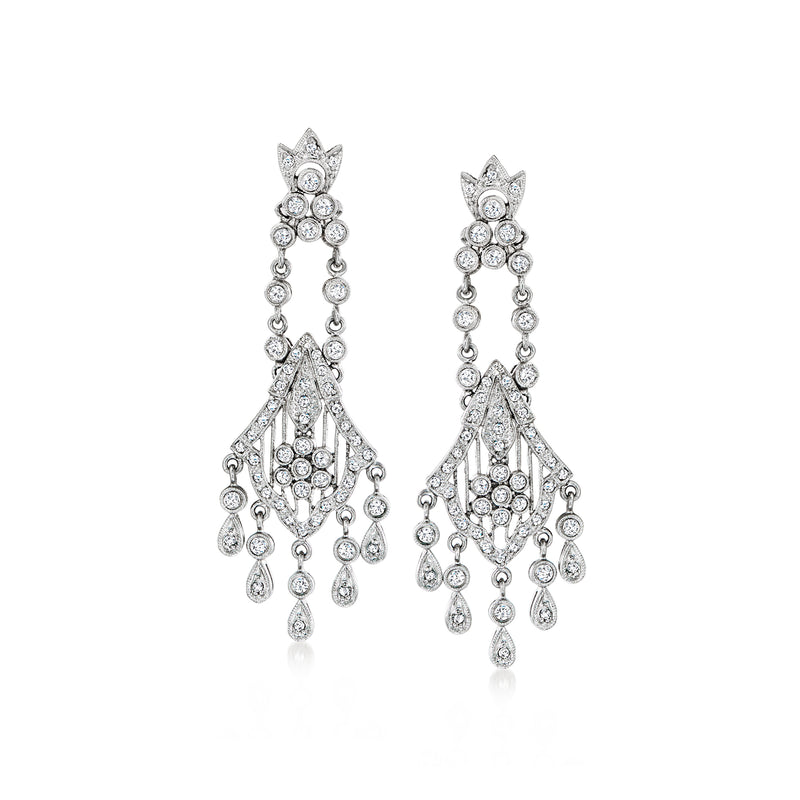 Diamond chandelier earrings in 14k white gold with dangling round and pear drops