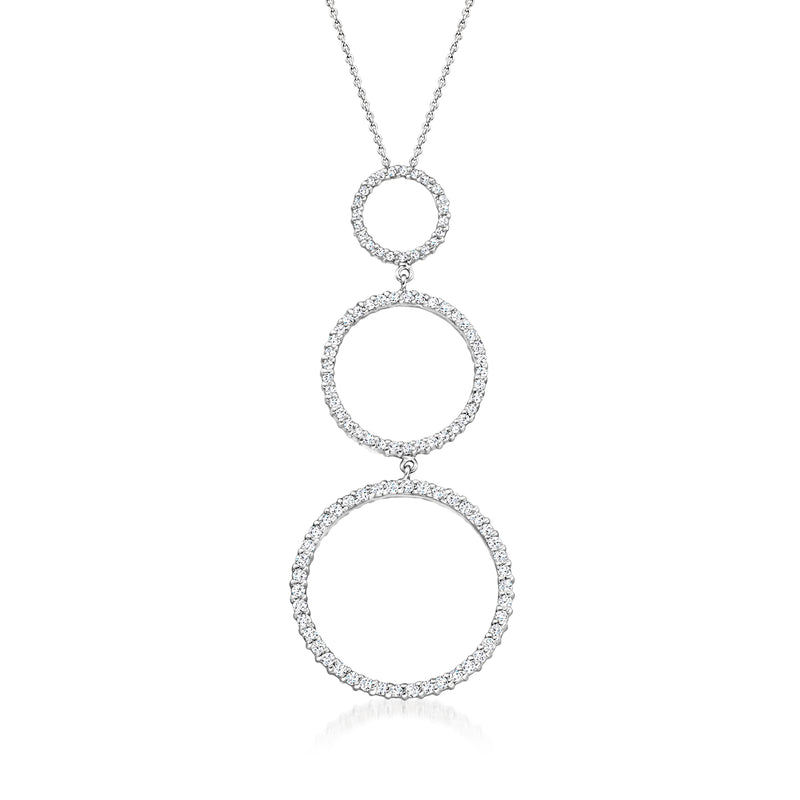 Diamond circle drop necklace with three linked rings, white gold chain