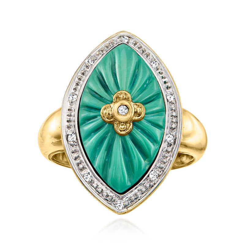 14kt yellow gold ring with oval teal carved stone and diamond halo, top view