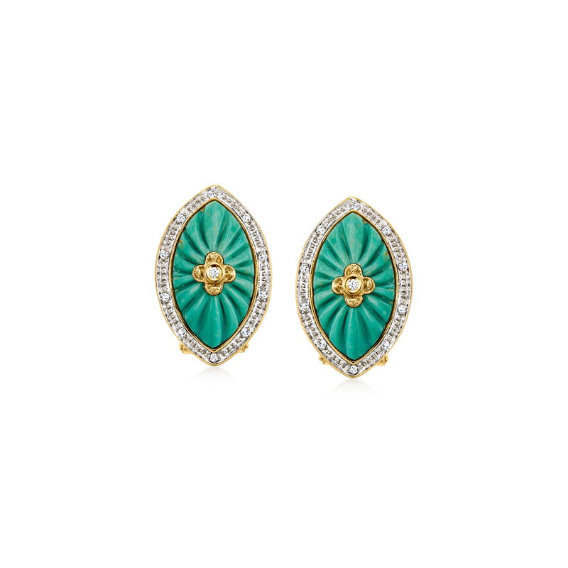 Oval green carved howlite earrings in 14kt yellow gold with diamond border, clip/post