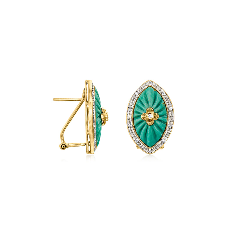 Side view oval green howlite stud earrings in 14kt yellow gold with diamond halo