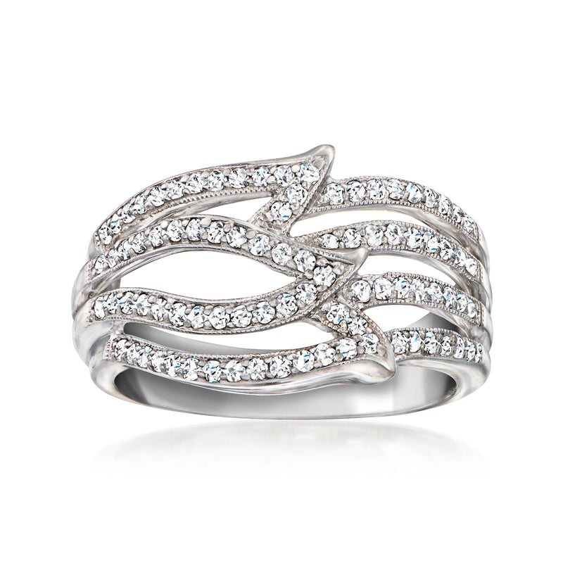18kt white gold diamond wave ring with layered pavé bands
