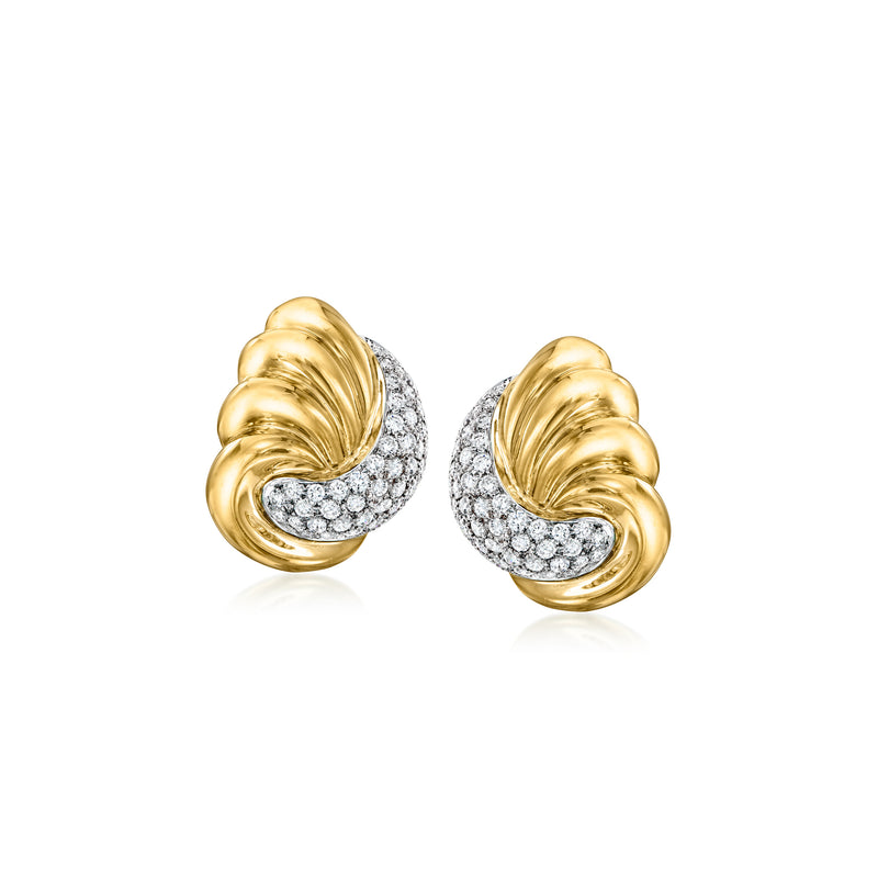 14kt yellow gold diamond fan earrings with pave swirl detail