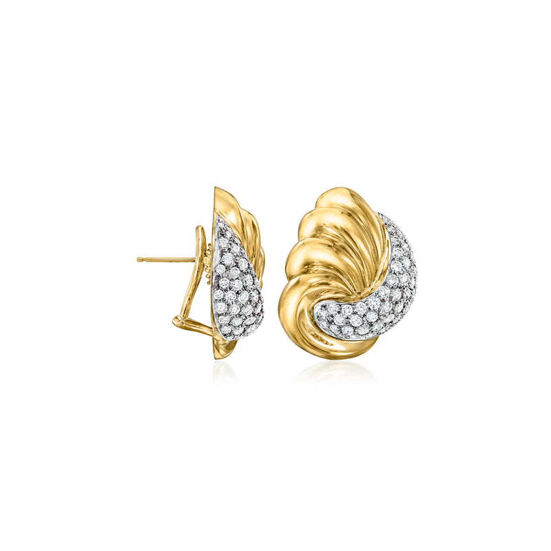 14kt yellow gold diamond fan stud earrings with visible post backing