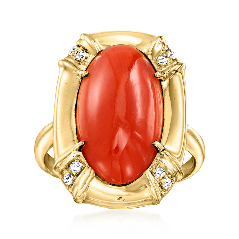Vintage oval red coral ring with diamond accents in 18kt yellow gold band