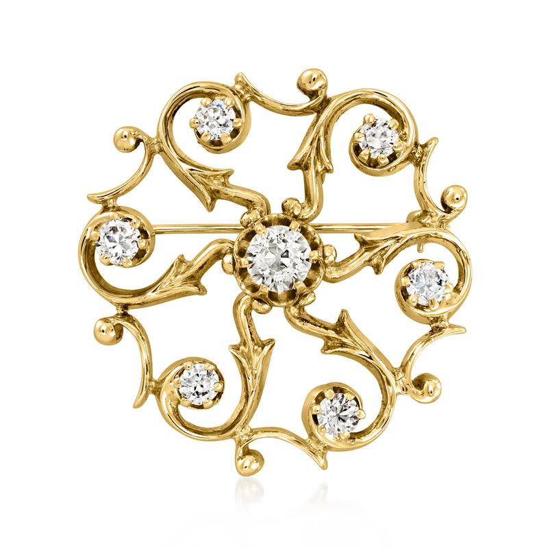 12kt yellow gold vintage pin pendant with round diamonds in ornate circular filigree