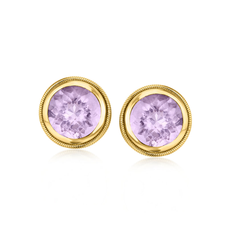 Round amethyst stud earrings in gold-tone bezel with rope border