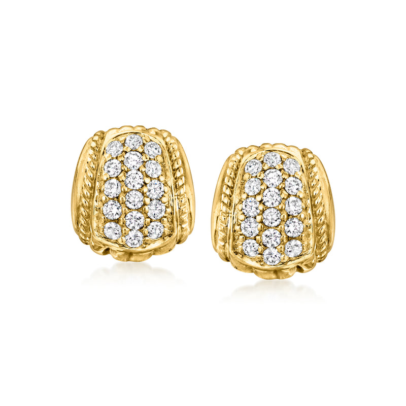 Vintage yellow gold diamond cluster hoop earrings with cushion-shaped sparkling stones