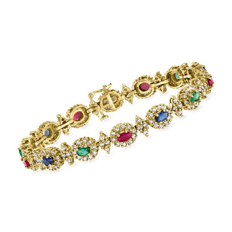 14kt yellow gold vintage bracelet with multi-color gemstones and diamond accents