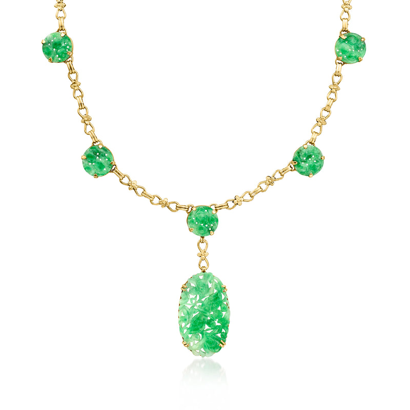 14kt yellow gold necklace with carved green jade stations and oval drop pendant