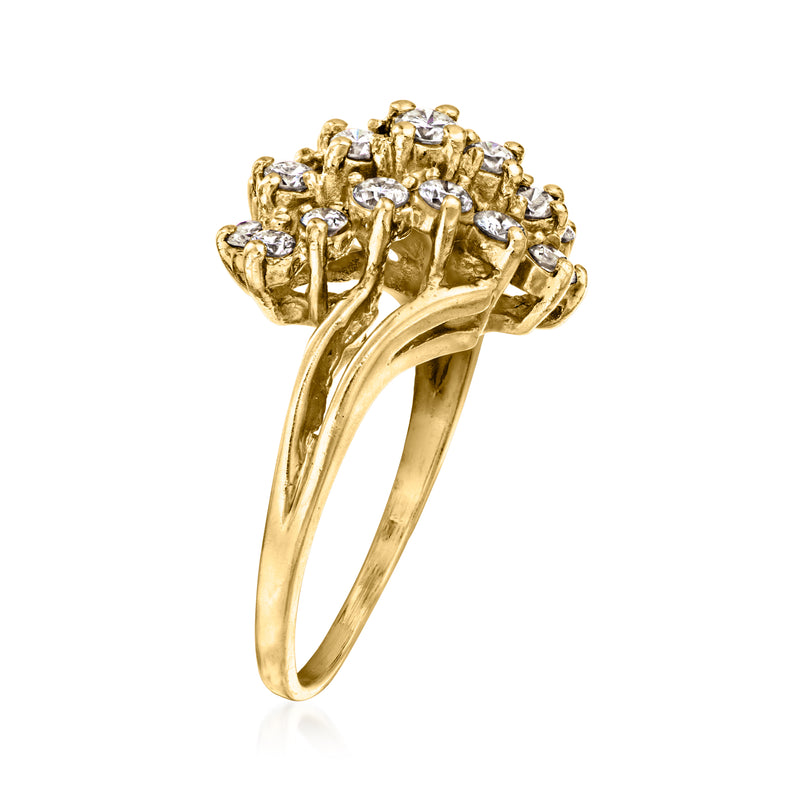 14kt yellow gold diamond cluster ring showing split-shank prongs and round stones